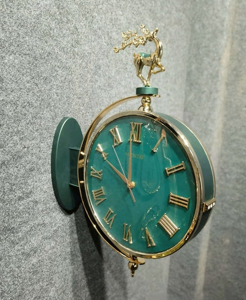 Green and golden Dual Dial Station Clock in numeric numerals